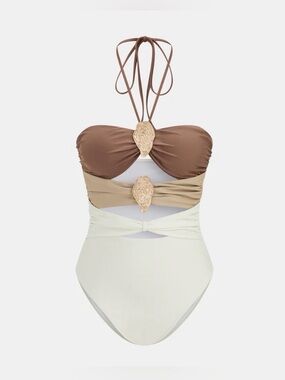Commense One-Piece Swimsuit in Brown, Tan & Cream